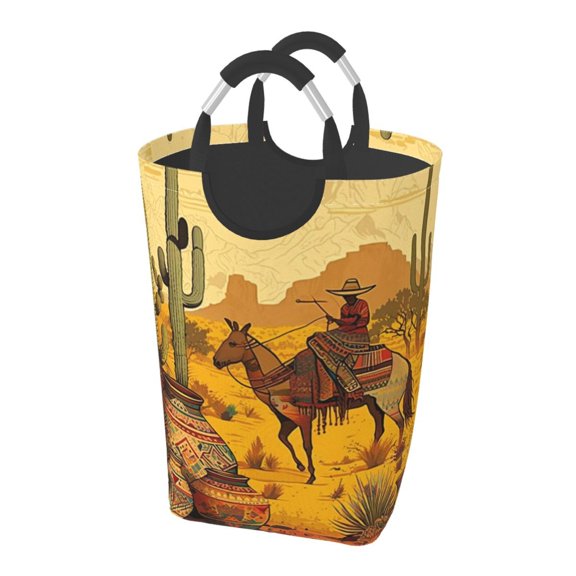 Southwestern Ethnic Native Cactus Horse Laundry Bag with Handle - Foldable Dirty Clothes Hamper Collapsible Storage Bin
