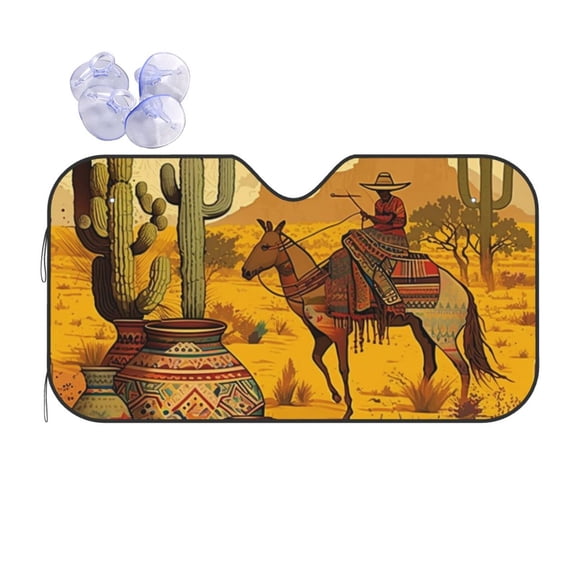 Southwestern Ethnic Native Cactus Horse Reflective Car Windshield Sunshade, UV Ray Reflector Sun Visor Universal Fit for SUVs, Trucks, Sedans,M