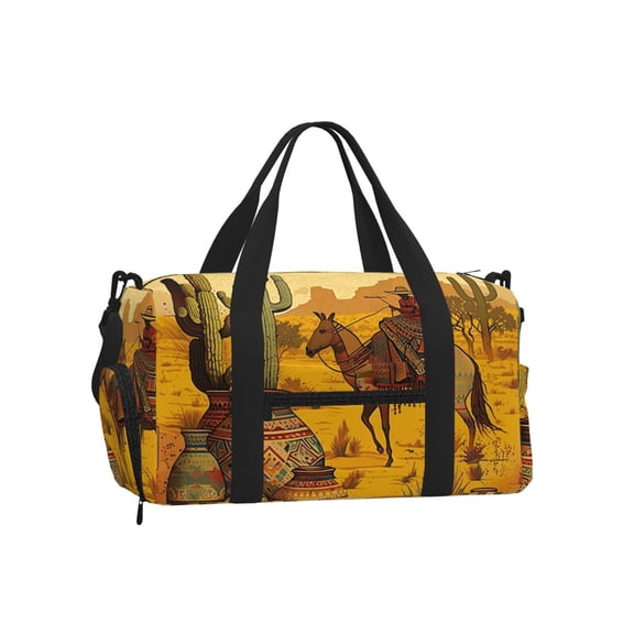 Southwestern Ethnic Native Cactus Horse Sports Duffel Bag with Shoe Compartment Travel Crossbody Bag for Gym Yoga Dance