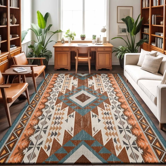 Southwestern Ethnic Style Washable Area Rug 8 x 10 ft Native American Aztec Bohemian, Soft Non Slip Rugs Stain Repellent Indoor Felt Carpet for Living Dining Room Bedroom Home Office