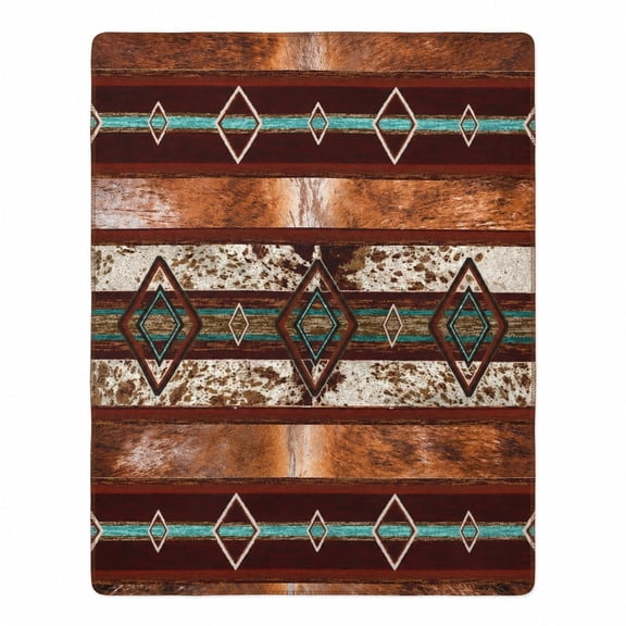 Southwestern Faux Cowhide Print Fleece Throw Blanket – Geometric Diamond Design, Boho Western Home Decor, 4 Sizes