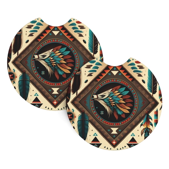 Southwestern Feather Geometric Native American Car Cup Holder Pad 2-Pack Neoprene Coasters for Auto Interior Waterproof Universal Fit for Most Vehicles