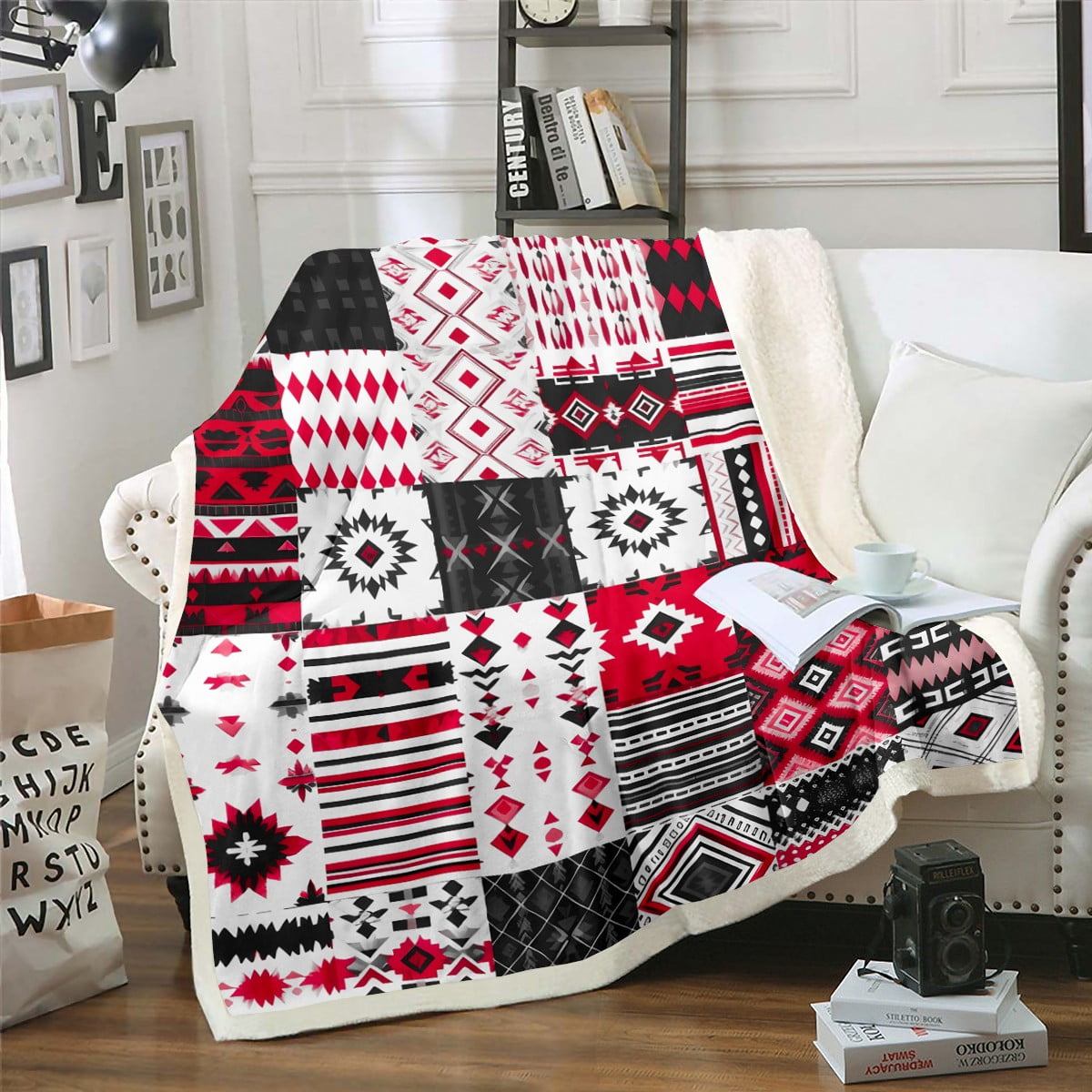 Southwestern Fleece Blanket Throw 50 X60 Exotic American Tribal Western Throw Blanket Patchwork Boho Aztec Sherpa Blanket For Kids Adults Hippie Geometric Lightweight Fuzzy Blanket Red Black White Wal...