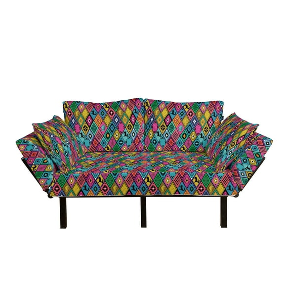 Southwestern Futon Couch, Patchwork Style Pattern in Hand Drawn Style and Patterns Boho Hippie, Daybed with Metal Frame Upholstered Sofa for Living Dorm, Loveseat, Multicolor, by Ambesonne