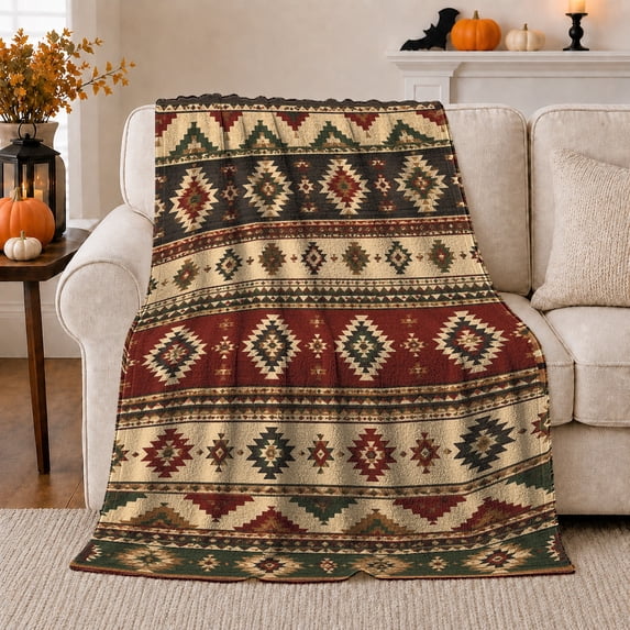 Southwestern Geometric Diamond Bands Beige, Cozy Friendship Quote Scene, Warm Flannel Blanket for Living Room and Reading Nook, Art Lovers Thanksgiving Gift, Artistic Home Decor