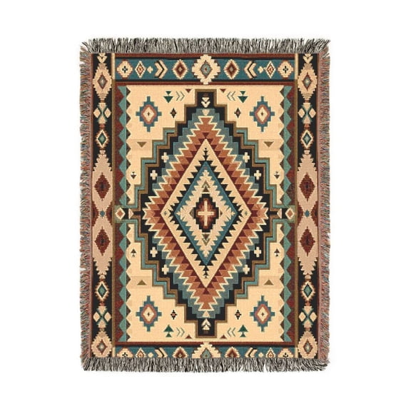 Southwestern Geometric Diamond Rust, Teal and Cream Woven Throw Blanket, 100% Cotton, Rustic Home Decor