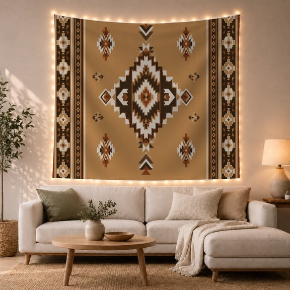 Southwestern Geometric Diamond on Tan Background, Cozy Boho for Pattern Lovers, Abstract Ethnic Art Decor, Housewarming Gift, Tapestry Wall Hanging for Living Room and Bedroom