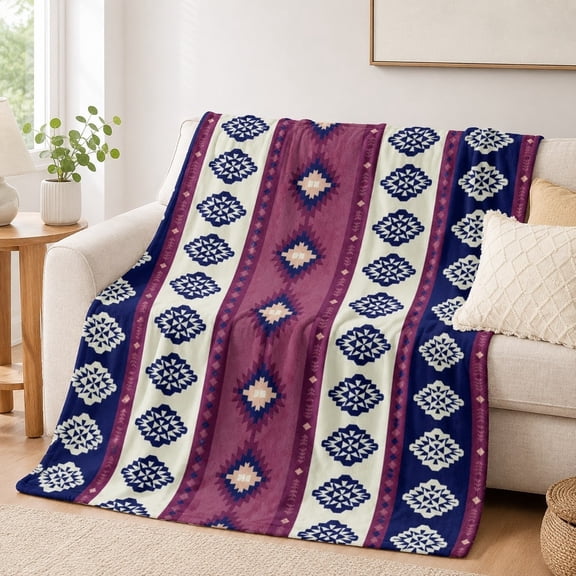 Southwestern Geometric Fleece Throw Blanket, Soft 280 Gsm Polyester, Western Farmhouse Decor for Couch, Sofa & Bed