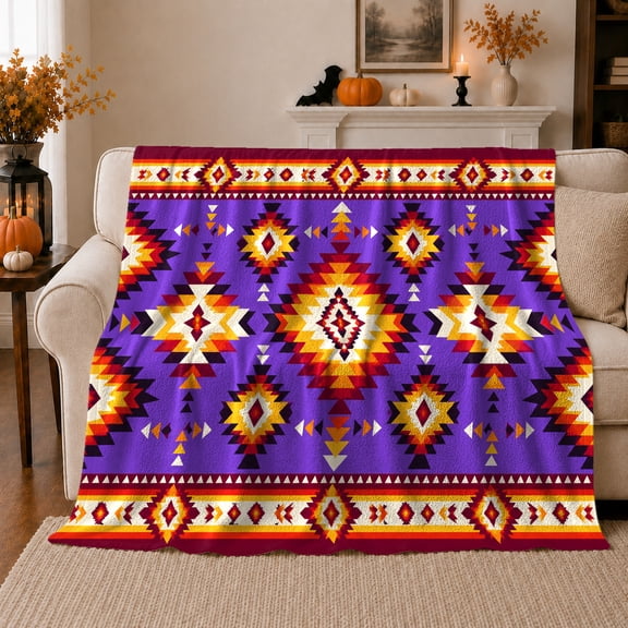 Southwestern Geometric Medallion Autumn Bat Festive, Festive autumn celebration Scene, Warm Flannel Blanket for Living Room and Family Room, Art Lovers autumn celebration Gift, Festive Home Decor