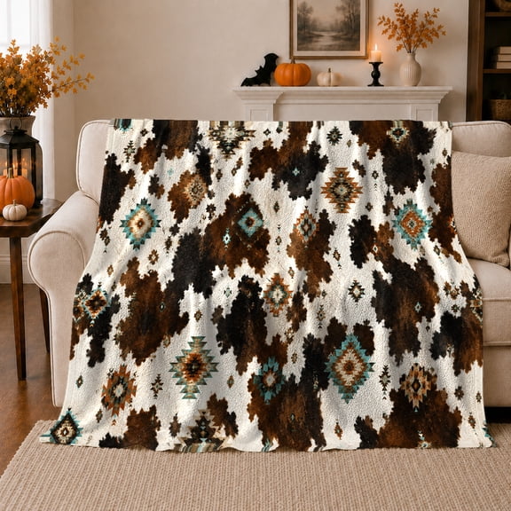 Southwestern Geometric Medallions Halloween Living Room, Festive Halloween Scene, Warm Flannel Blanket for Ranch House and Living Room, Art Lovers Halloween Gift, Festive Home Decor