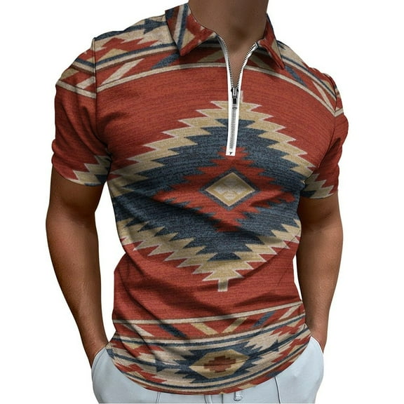 Southwestern Geometric Men Zipper T-shirt Summer Casual Short Sleeve T-shirt Top