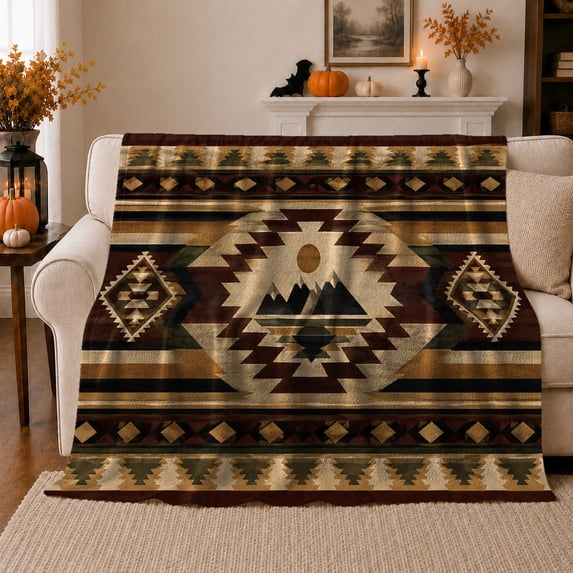 Southwestern Geometric Mountain Medallion, Peaceful Mountain Lake Scene, Warm Flannel Blanket for Cabin and Lodge, Outdoor Lovers Thanksgiving Gift, Artistic Home Decor