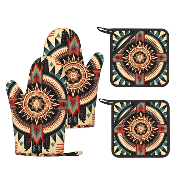 Southwestern Geometric Native American Art 4-Piece Silicone Oven Gloves and Pot Holders Set Hot Pads for Kitchen Cooking BBQ Baking Chefs Cooks