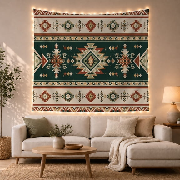 Southwestern Geometric Pattern With Floral Border, Nostalgic Rustic Style for Western Decor Fans, Geometric Wall Art, Housewarming Gift Tapestry Wall Hanging for Bedroom and Cabin
