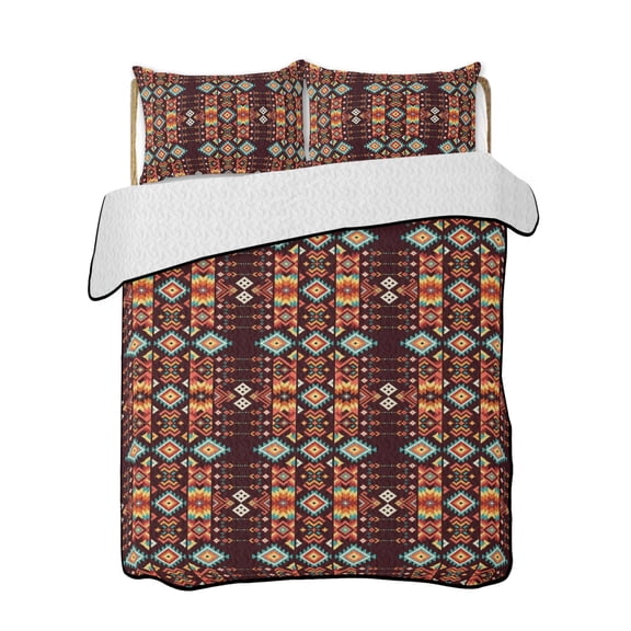 Southwestern Geometric Quilts Bedding Set California King Ethnic Argyle Stripe Brown Teal Farm Lightweight Quilted Bedspread 3 Piece Bed Quilt with 2 Pillow Shams All Season for Bedroom 96" x 106"