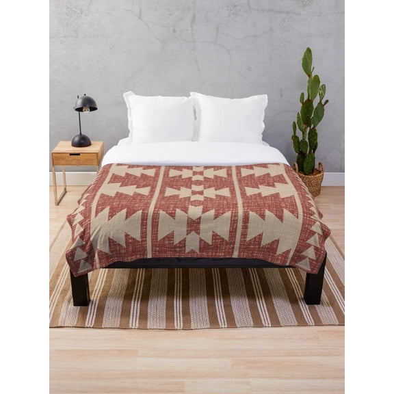 Southwestern Geometric Sherpa Throw Blanket, 2-Layer Polyester Fleece, Red Beige Aztec Style Pattern, Multiple Sizes
