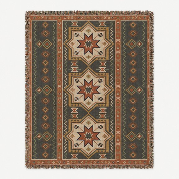 Southwestern Geometric Star Olive, Rust and Cream Woven Throw Blanket, 100% Cotton, Desert-Inspired Decor