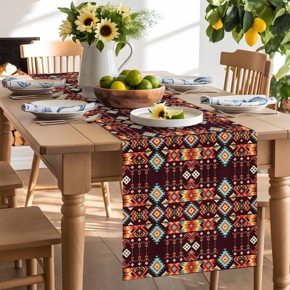Southwestern Geometric Table Runner, Ethnic Argyle Stripe Brown Teal Farm Washable Kitchen Table Runners Dress Scarves for Dining Table Decorations Party/Restaurant/Indoor Outdoor Use, 13x36in