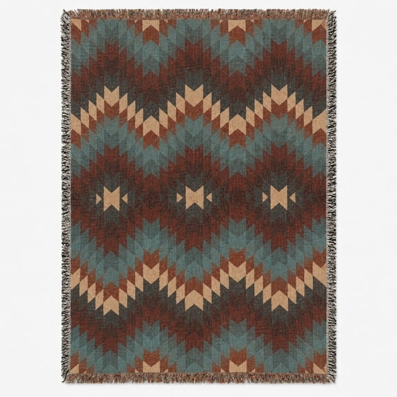 Southwestern Geometric Teal, Burgundy and Tan Woven Blanket, 100% Cotton, Chevron Style for Living Room Decor
