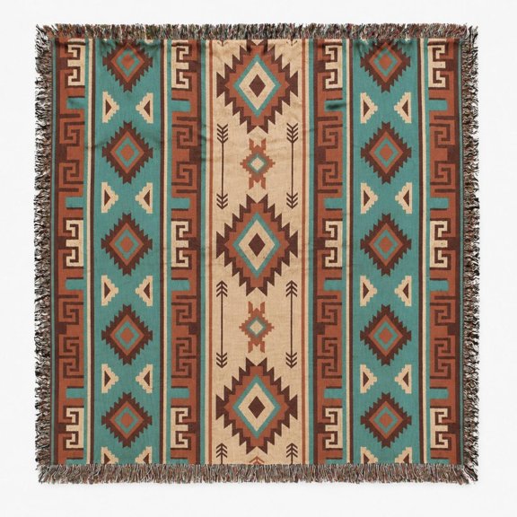 Southwestern Geometric Turquoise, Rust and Cream Woven Blanket, 100% Cotton, Rustic Home and Bedroom Decor