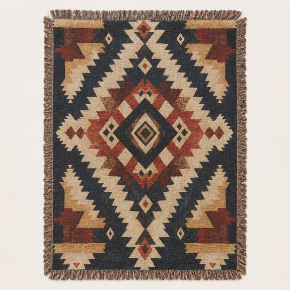 Southwestern Geometric Woven Cotton Throw Blanket, Aztec Diamond Fringe Tapestry, Boho Rustic Home Decor