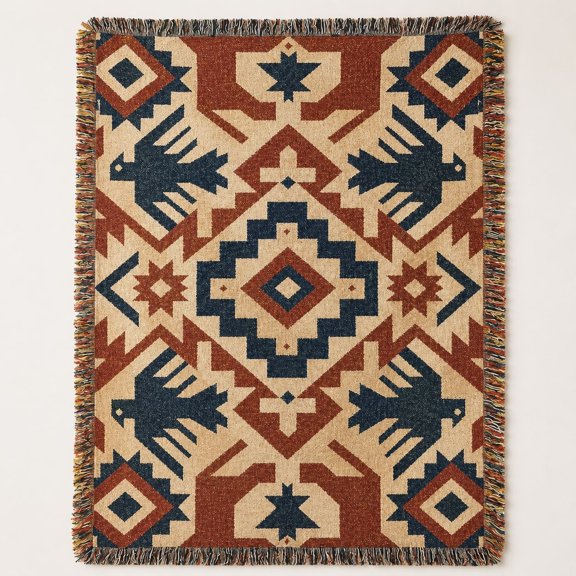 Southwestern Geometric Woven Cotton Throw Blanket with Fringe