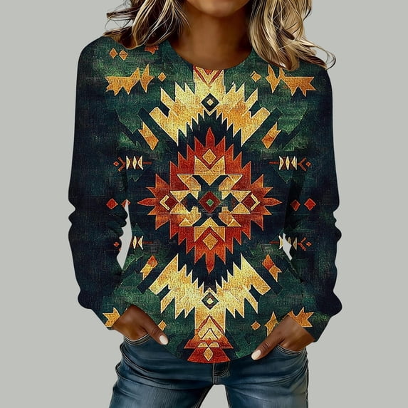 Southwestern Graphic Sweatshirt for Women Vintage Aztec Pattern Crewneck Long Sleeve Loose Fit Casual Pullover Top for Daily Wear Autumn Winter Fashion Clothes