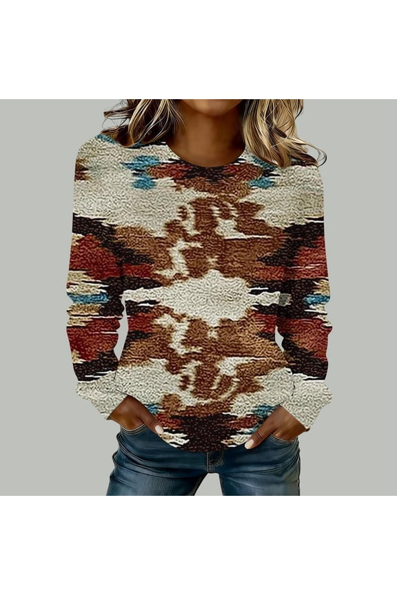 Southwestern Graphic Sweatshirt for Women Vintage Aztec Pattern Crewneck Long Sleeve Loose Fit Casual Pullover Top for Daily Wear Autumn Winter Fashion Clothes