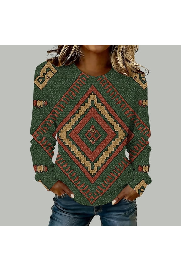 Southwestern Graphic Sweatshirt for Women Vintage Aztec Pattern Crewneck Long Sleeve Loose Fit Casual Pullover Top for Daily Wear Autumn Winter Fashion Clothes