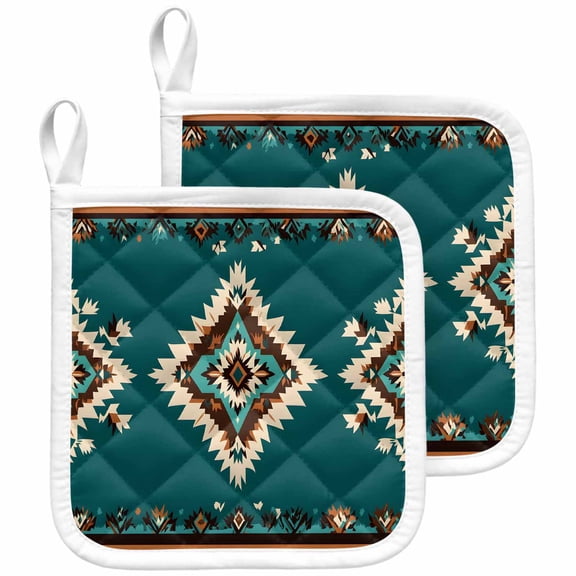 Southwestern Green Pot Holders for Kitchen Heatproof Potholder, 2 Pack Boho Ethnic Geometric Retro Hot Pads Multipurpose Oven Pads Cloth Potholders Trivet for Cooking and Baking