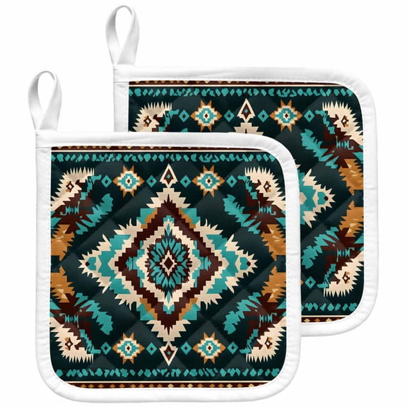 Southwestern Green Pot Holders for Kitchen Heatproof Potholder, 2 Pack Boho Vintage Ethnic Geometric Hot Pads Multipurpose Oven Pads Cloth Potholders Trivet for Cooking and Baking
