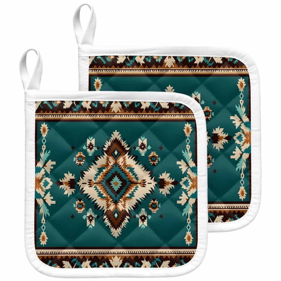 Southwestern Green Pot Holders for Kitchen Heatproof Potholder, 2 Pack Retro Boho Ethnic Geometric Hot Pads Multipurpose Oven Pads Cloth Potholders Trivet for Cooking and Baking
