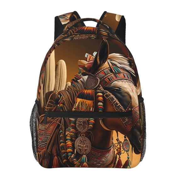 Southwestern Horse Ethnic Native Backpack Casual College Bag Zipper Laptop Daypack Hiking Rucksack Travel