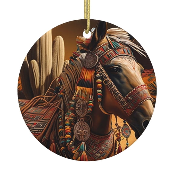 Southwestern Horse Ethnic Native Ceramic Christmas Ornament, Round Porcelain Xmas Tree Hanging Decoration