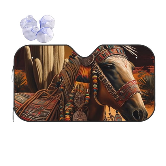 Southwestern Horse Ethnic Native Reflective Car Windshield Sunshade, UV Ray Reflector Sun Visor Universal Fit for SUVs, Trucks, Sedans,M