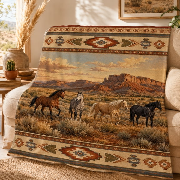 Southwestern Horse Flannel Blanket with Desert Mesa Landscape and Geometric Border, Western Throw for Sofa, Bed, Cabin, Travel and Lodge Spaces, 50 x 60 in