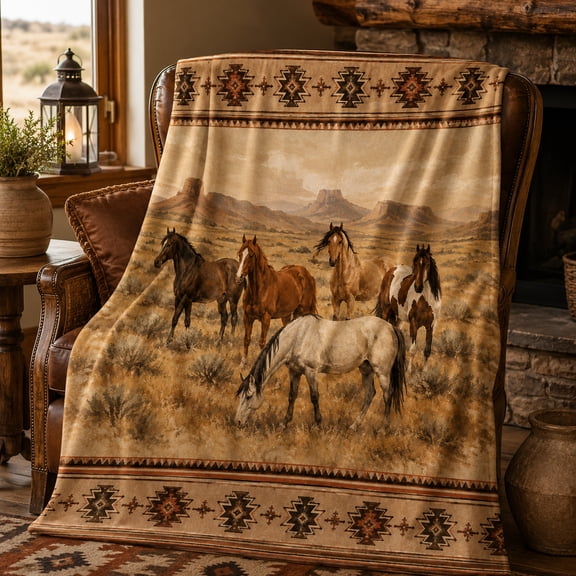Southwestern Horse Throw Blanket with Desert Mesa Landscape, Rustic Flannel Blanket Featuring Wild Horses and Geometric Border for Couch Bed, 50 x 60 in