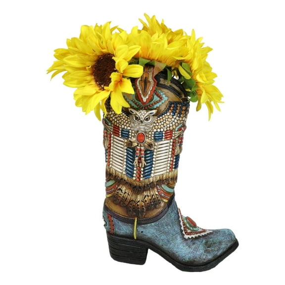 Southwestern Indian Beaded Turquoise Mystic Owl Faux Leather Cowboy Boot Vase