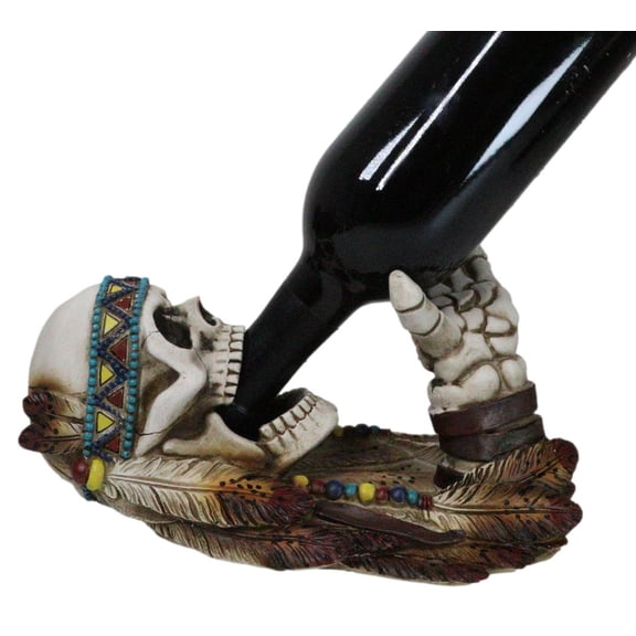 Southwestern Indian Chief Warpath Skeleton Skull Guzzling Bottle Wine Holder