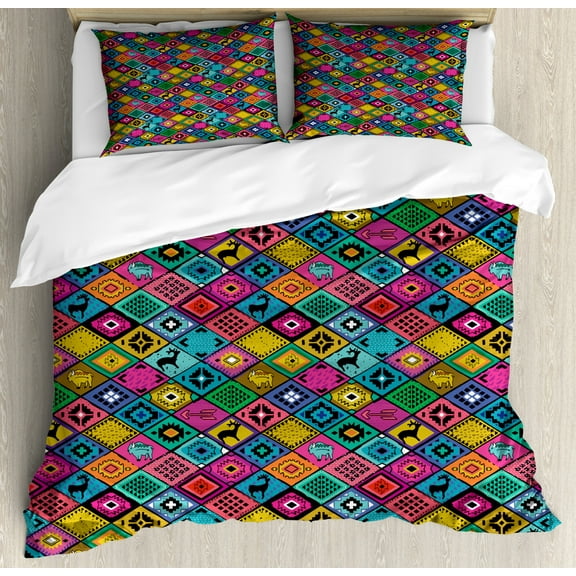 Southwestern King Size Duvet Cover Set, Patchwork Style Pattern in Hand Drawn Style Symbols and Patterns Boho Hippie, Decorative 3 Piece Bedding Set with 2 Pillow Shams, Multicolor, by Ambesonne