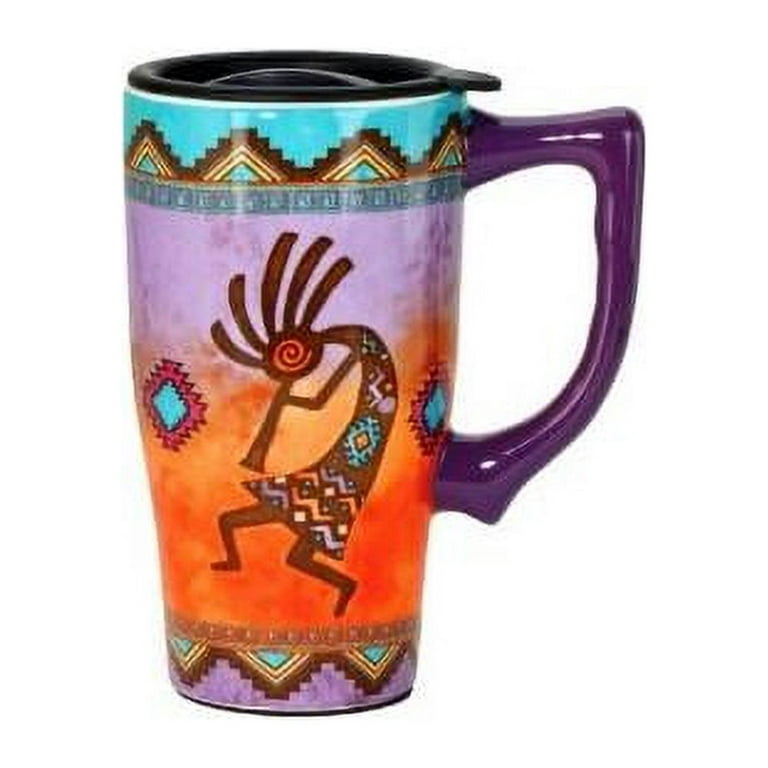 Southwestern Kokopelli Coffee Travel Mug with Lid 14 Ounce Ceramic 