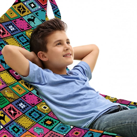Southwestern Lounger Chair Bag, Patchwork Style Pattern in Hand Drawn Style and Patterns Boho Hippie, High Capacity Storage with Handle Container, Lounger Size, Multicolor, by Ambesonne