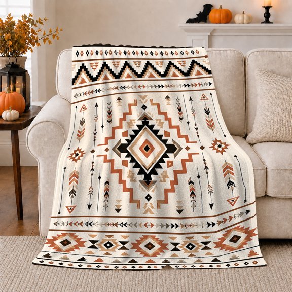 Southwestern Medallion Zigzag Pattern, Cozy Artistic Scene, Warm Flannel Blanket for Cabin and Lodge with Detailed Artwork, Art Lovers Housewarming Gift, Artistic Home Decor
