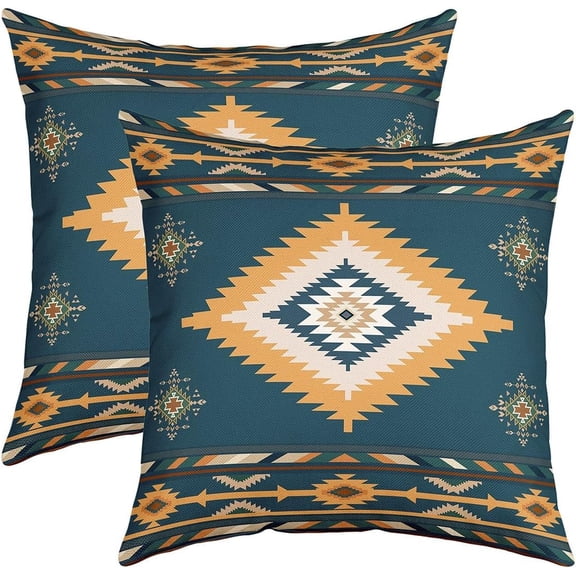 Southwestern Native Aztec Reversible Throw Pillow Covers 18 x 18-Inch Indian Tribal Geometry Pillow Covers Home Decor for Retro Exotic Boho Square Cushion Covers Set of 2 Blue Yellow