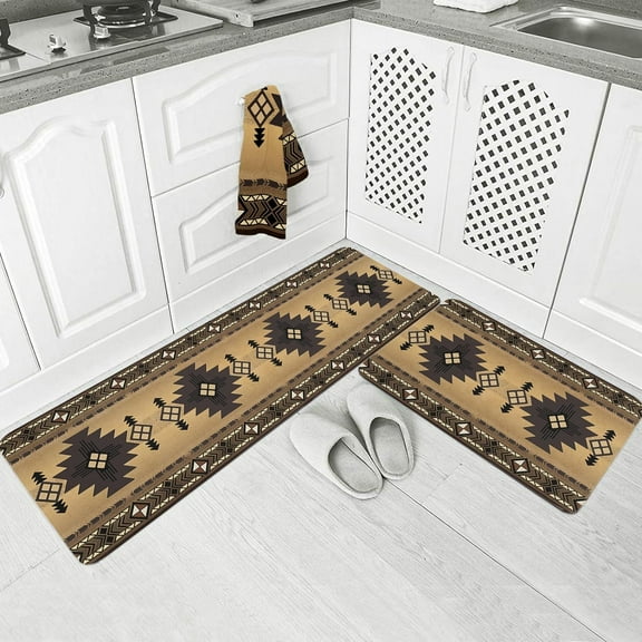 Southwestern Native Tribal Geometric Kitchen Floor Mats, Ethnic Herringbone 2 PCS Anti Fatigue Area Runner Rugs Set Brown Non-Slip Bathroom Comfort Standing Mat Home Decor