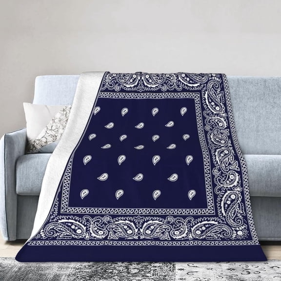 Southwestern Navy Blue Bandana Paisley Border Print Blanket Super Soft Flannel Blanket Comfy Cozy Throw Blanket Couch Lightweight Blankets for Living Room Bedroom 40"x30"