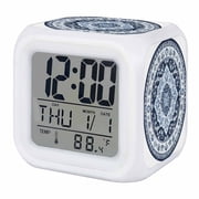 Southwestern Navy Blue Digital Alarm Clock for Bedrooms, Smart LED Alarm Clock with 7 Color Changing Night Light, Boho Ethnic Geometric Floral Silent Wake Up Clocks for Sleep Study Cooking 3.2"x3.2"