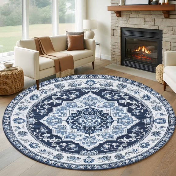 Southwestern Navy Blue Round Area Rug 6 FT, Non Slip Bedroom Rugs, Boho Ethnic Geometric Floral Washable Soft Circular Carpet Non-Shedding Floor Mat for Kitchen Dining Room Home Office Kids Room