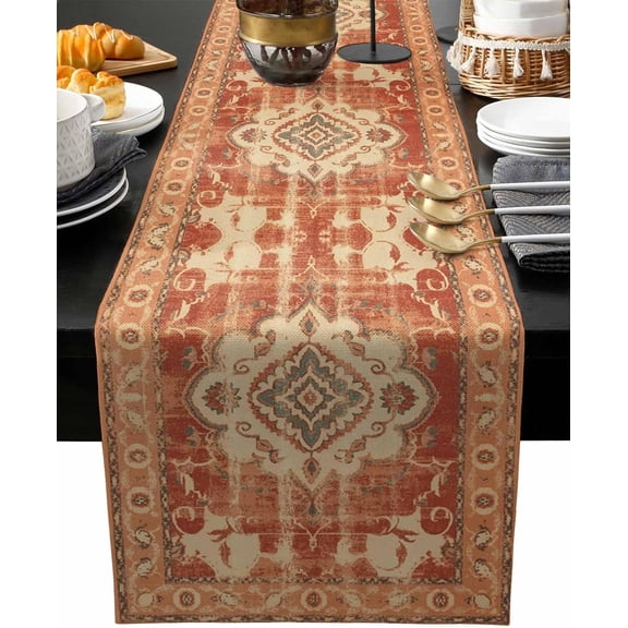 Southwestern Orange Table Runner 36 Inches Small,Kitchen Dining Burlap Linen Tablerunner for Small/Round/Square/Wedding/Coffee/Dining Table Party Décor Retro Boho Antique Geometric Tribal Patterns