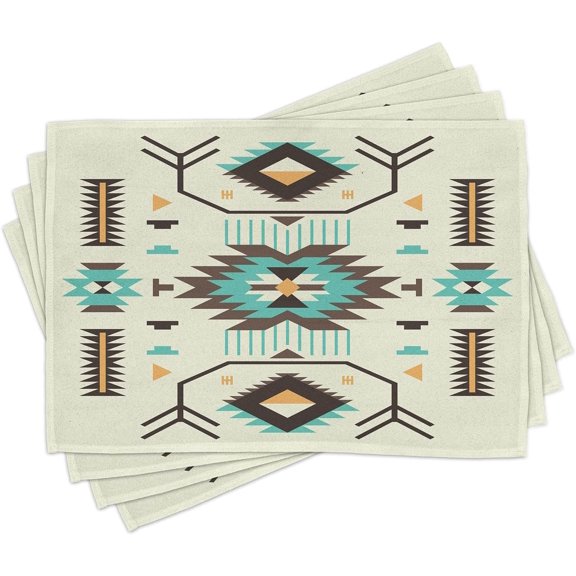 Southwestern Place Mats Set of 4, Ethnic Illustration of a Zigzags Design Triangular Iconic Art Motifs, Washable Fabric Placemats for Dining Table, Standard Size, Pale Yellow